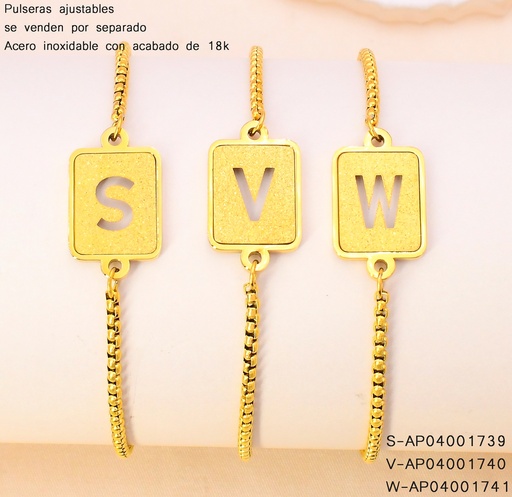 [AP04001741] PULSERA AJUSTABLES ACERO INOX. ACABADO 18K. CUADRO LETRA "W"  P25070036023