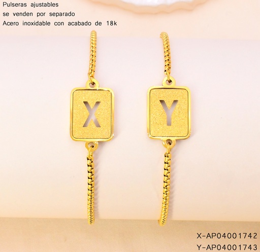 [AP04001742] PULSERA AJUSTABLES ACERO INOX. ACABADO 18K. CUADRO LETRA "X"  P25070036024