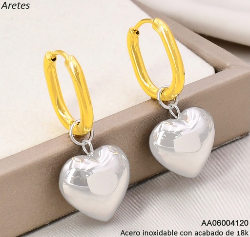 [AA06004120] ARETES ACERO INOX. ACABADO 18K. HUGGIES CORAZON INFLADO P25070013001