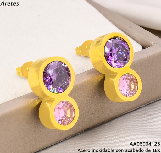 [AA06004125] ARETES ACERO INOX. ACABADO 18K.  2 ZIRC RD LILA & ROSADA P25070014001