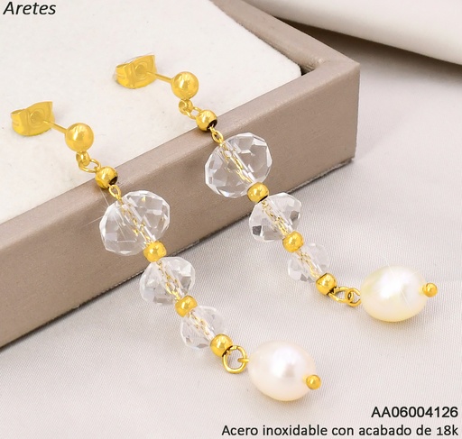 [AA06004126] ARETES ACERO INOX. ACABADO 18K.CRISTALES VERT. /PERLA P25061423001