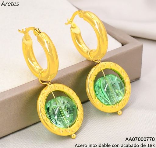 [AA07000770] ARGOLLA ACERO INOX. ACABADO 18K. CIRCULO PIEDRA VERDE CENTRO P25070017001