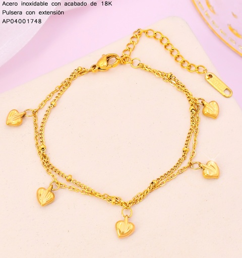 [AP04001748] PULSERAS ACERO INOX. ACABADO 18K. DOBLE CADENA DIJE CORAZON P25070018001