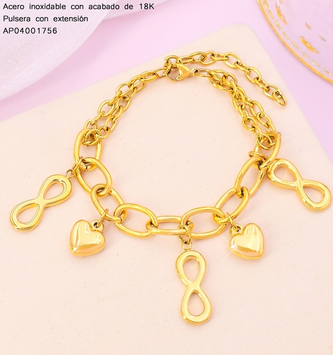 [AP04001756] PULSERAS ACERO INOX. ACABADO 18K. ESLAB./INFINITO/CORAZONES/P25070077001