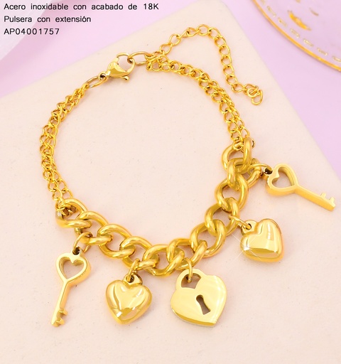 [AP04001757] PULSERAS ACERO INOX. ACABADO 18K. ESLAB./CORAZONES/LLAVES/CANDADO P25070078001