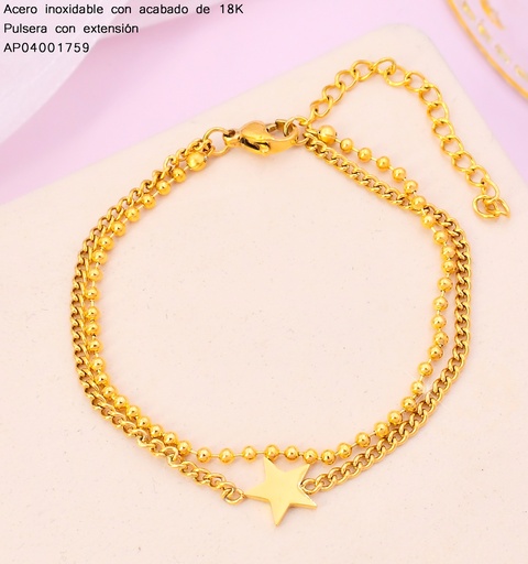 [AP04001759] PULSERAS ACERO INOX. ACABADO 18K.DOBLE  ELAB/PELOTITAS/ESTRELLA P25070093001