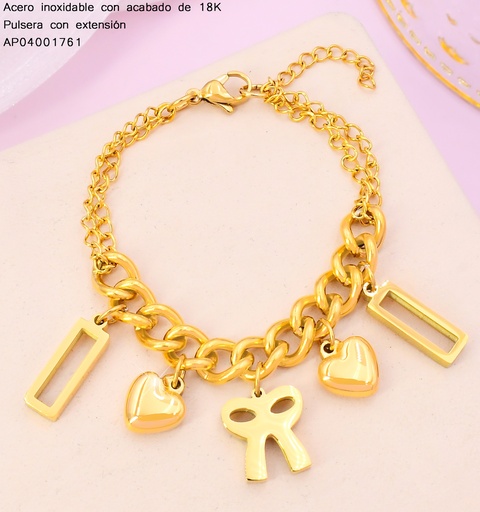 [AP04001761] PULSERAS ACERO INOX. ACABADO 18K. ESLAB./CORAZON/LAZO/RECT. P25070076001