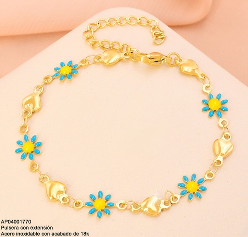 [AP04001770] PULSERAS ACERO INOX. ACABADO 18K. CORAZONES DOR / FLORES CELESTE C/AMARILLO P25061419001