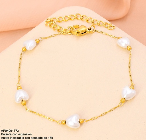 [AP04001773] PULSERAS ACERO INOX. ACABADO 18K. FINA CORAZONES  DE PERLA P25061420001