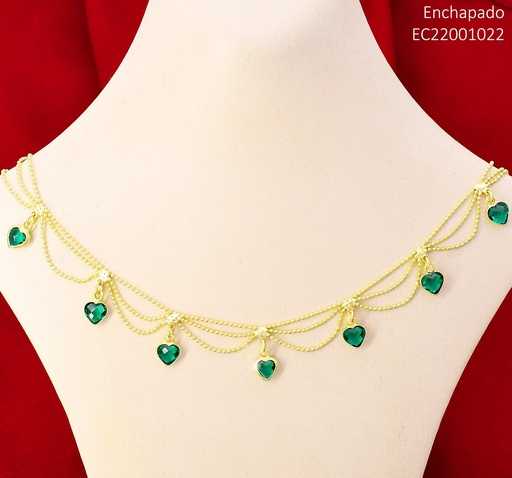 [EC22001022] CADENA DORADA PELOTITA/ZIRC.  CORAZON VERDE CE451-350