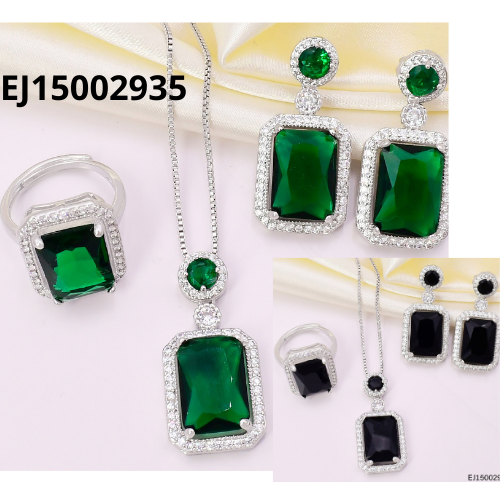 [EJ15002935] SET PLATEADO RECTANG. ZIRC. NEGRA C/ANILLO SE1361-284