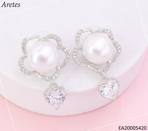 [EA20005420] ARETES PLATEADO FLOR ZIRC/PERLA CORAZON EE4429-6