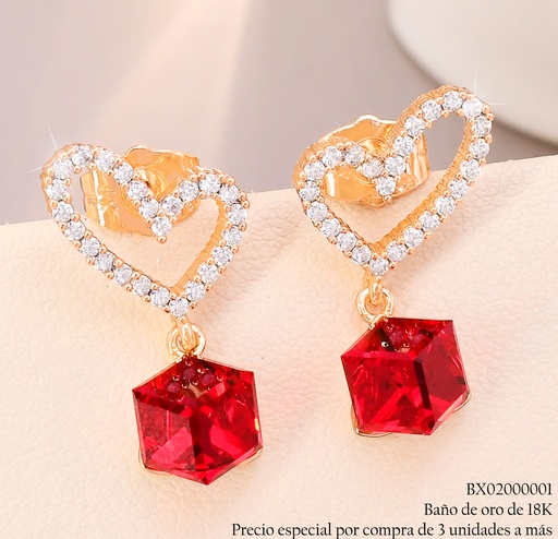 [BX02000001] ARETES BAÑO DE ORO 18K XUPING CROQUI CORAZON/CUBO ROJO JEYX-7888 (X)
