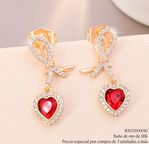 [BX02000010] ARETES BAÑO DE ORO 18K XUPING LAZO ZIRC.C/CORAZON❤️ JEYX-7890 (X)