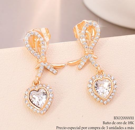 [BX02000011] ARETES BAÑO DE ORO 18K XUPING LAZO ZIRC.C/CORAZON🤍JEYX-7890 (X)