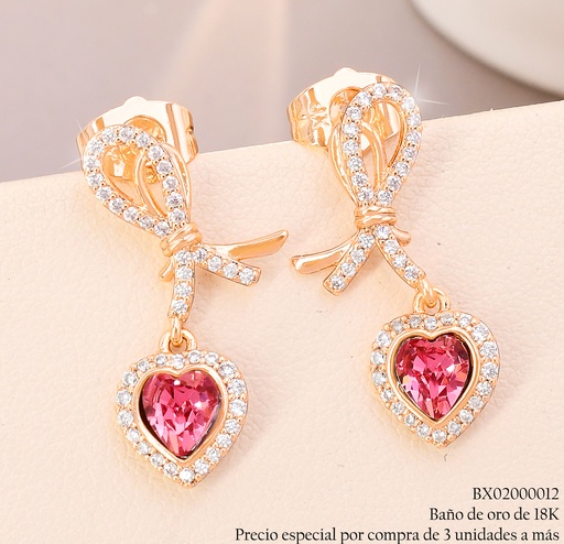 [BX02000012] ARETES BAÑO DE ORO 18K XUPING LAZO ZIRC.C/CORAZON🩷 (X)