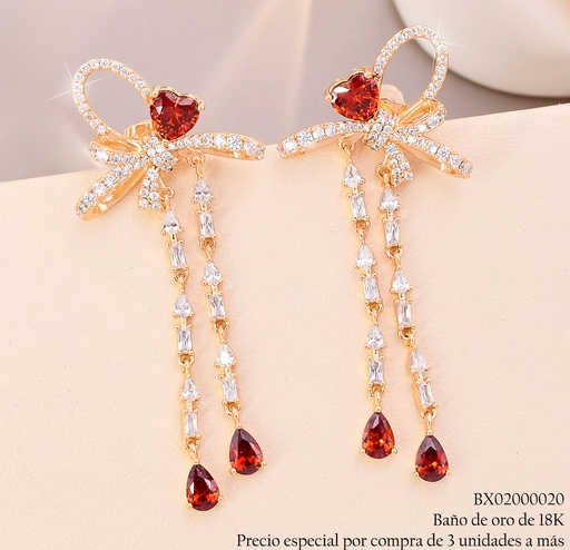 [BX02000020] ARETES BAÑO DE ORO 18K. XUPING LAZO/ZIRC.ROJA C/COLGANTE (X)