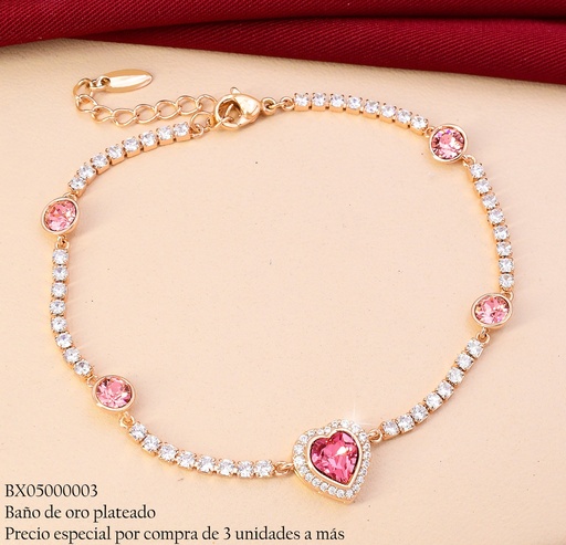 [BX03000003] PULSERA BAÑO DE ORO 18K. XUPING ZIRC.RD ROSADAS C/CORAZON CENTRO JBYX-0208 (X)