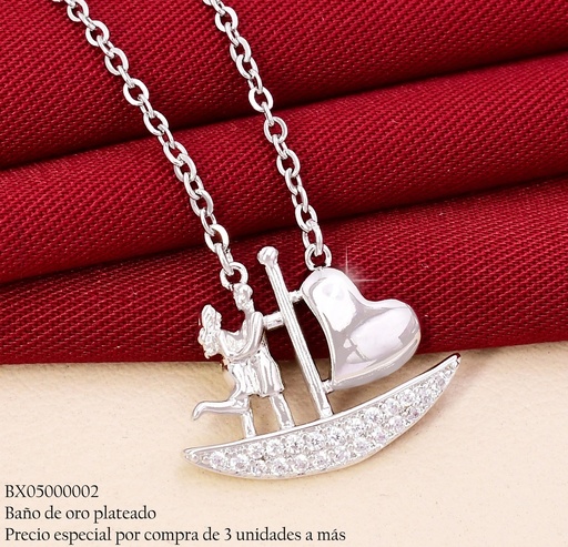 [BX05000002] CADENA BAÑO PLATEADO  DIJE PAREJA EN UN BOTE / CORAZON ZNYX-0469 XUPING