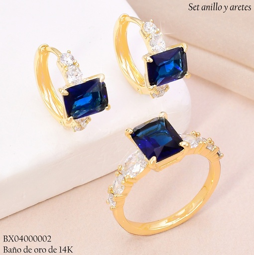 [BX04000002] SET BAÑO DE ORO 14K XUPING  ARETES C/ANILLO ZIRC RECTANGULAR AZUL 2596194615