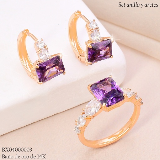 [BX04000003] SET BAÑO DE ORO 14K XUPING  ARETES C/ANILLO ZIRC RECTANGULAR LILA