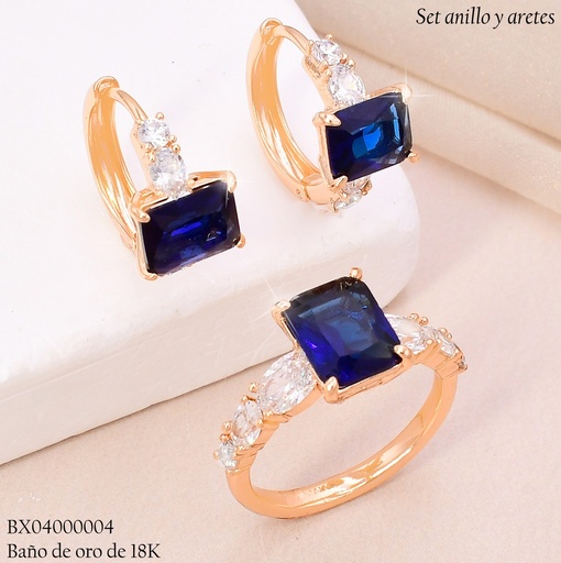 [BX04000004] SET BAÑO DE ORO 18K XUPING  ARETES C/ANILLO ZIRC RECTANGULAR AZUL