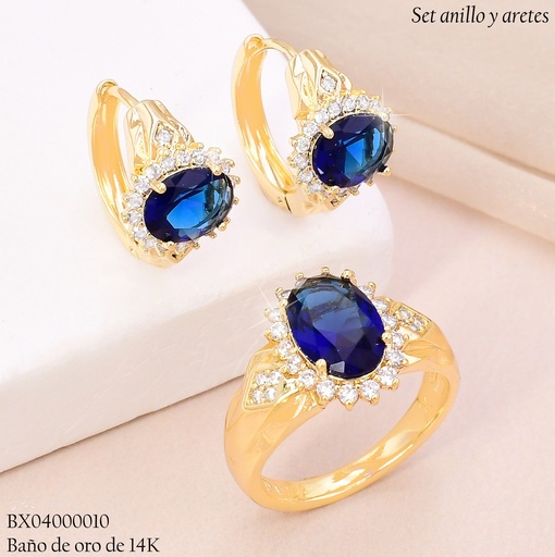 [BX04000010] SET BAÑO DE ORO 14K XUPING  C/ANILLO ZIRC. OVALADA AZUL