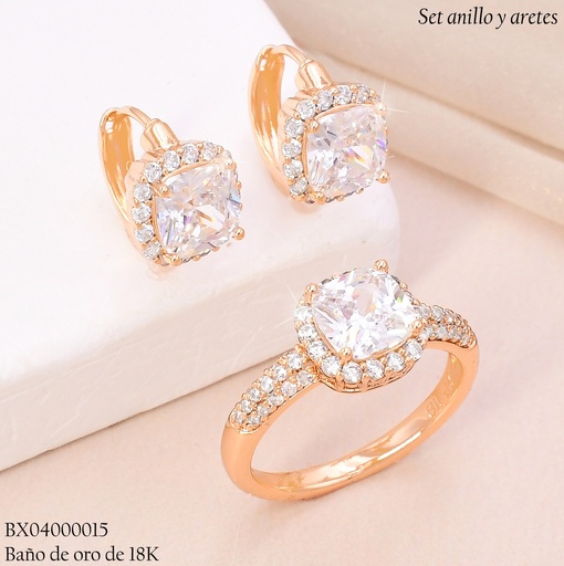 [BX04000015] SET BAÑO DE ORO 18K ARETES/ANILLO SOLITARIO ZIRC.RECT./ZIRC (XAG)