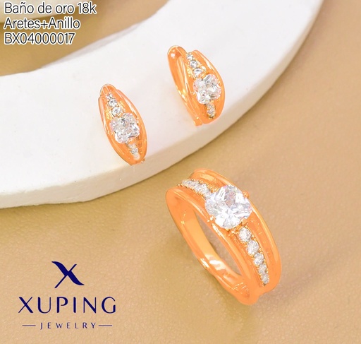 [BX04000017] SET BAÑO DE ORO 18K ARETES/ANILLO SOLITARIO ZIRC.ENTRE LINEAS (XAG)