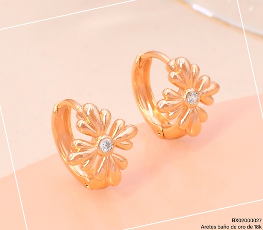[BX02000027] ARETES HUGGIES BAÑO DE ORO 18K. XUPING FLOR 4 PETAL.ZIRC 28480
