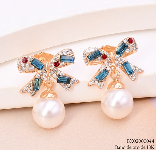 [BX02000044] ARETES BAÑO DE ORO 18K. XUPING LAZOS ZIRC.TURQUESA C/PERLA (X)