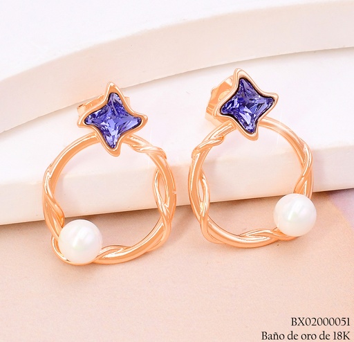 [BX02000051] ARETES BAÑO DE ORO 18K. XUPING CIRCULO C/ESTRELLA AZUL-PERLA JEZZ-3821(X)
