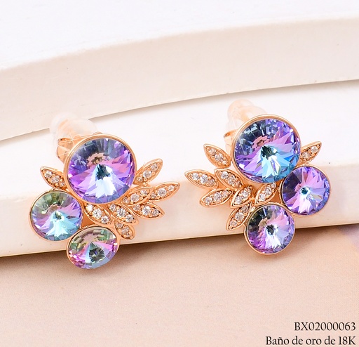 [BX02000063] ARETES BAÑO DE ORO 18K. XUPING 3 RD.ZIRC TORNASOL HOJITAS ZEYX-1153