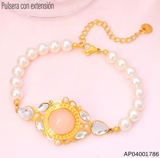 [AP04001786] PULSERA DOR/PERLAS/PIEDRA SALMON/ZIRC. BA2325-45  (IN11)