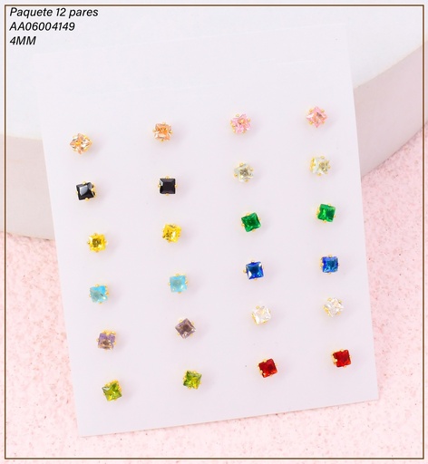 [AA06004149] PAQ. 12 PARES ARETES ZIRC. CUADRADA 4MM COLORES SURT EA1361-216 012026 (TCC)