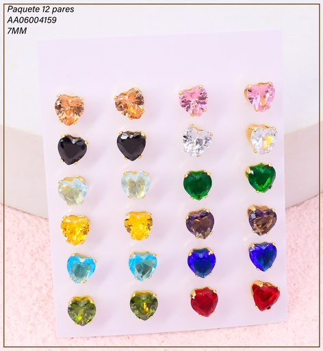 [AA06004159] PAQ. 12 PARES ARETES ZIRC. CORAZON 8MM COLORES EA1374-216 012026 (TCC)
