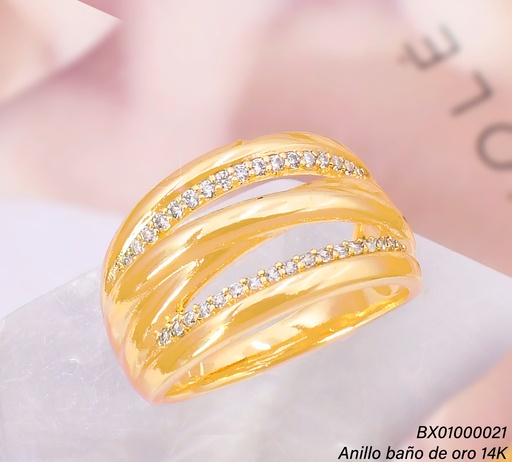 [BX01000021] ANILLO BAÑO DE ORO 14K. XUPING LINEAS ENTRELAZADAS  ZIRC. RE377-428 - RE372-428 012026
