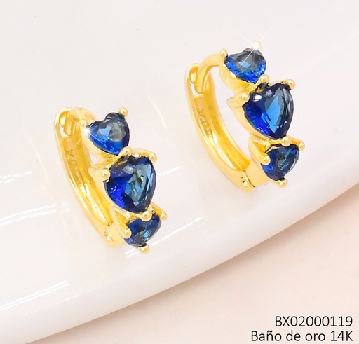 [BX02000119] ARETES BAÑO DE ORO 14K. XUPING 3 CORAZON ZIRC. AZUL EE5294-427 012026