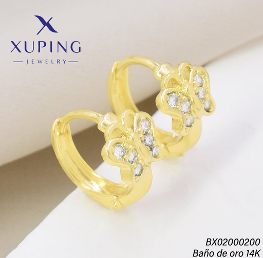 [BX02000200] ARETES BAÑO DE ORO 14K. XUPING "C" MARIPOSA  ZIRC. EE5378-428 012026