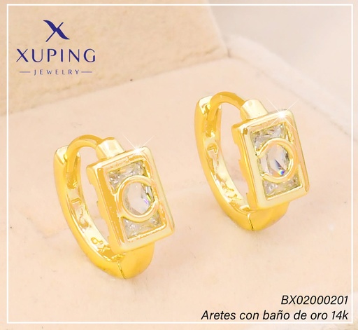 [BX02000201] ARETES HUGGIES BAÑO DE ORO 14K. XUPING "C" RECT.  ZIRC. EE5379-428 012026
