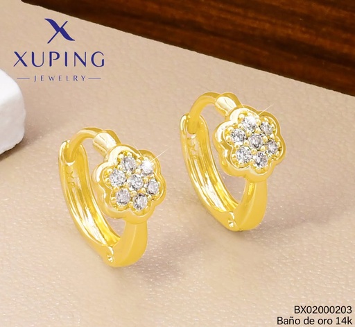 [BX02000203] ARETES BAÑO DE ORO 14K. XUPING HUGGIES FLOR ZIRC. EE5381-428 012026