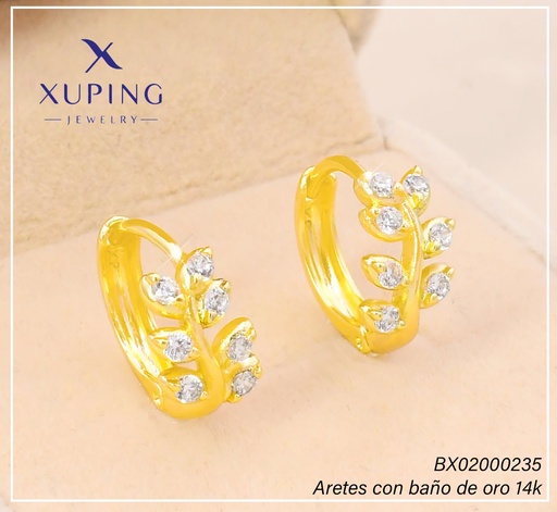 [BX02000235] ARETES HUGGIES BAÑO DE ORO 14K. XUPING "C" HOJA ZIRC.  EE5422-428 012026