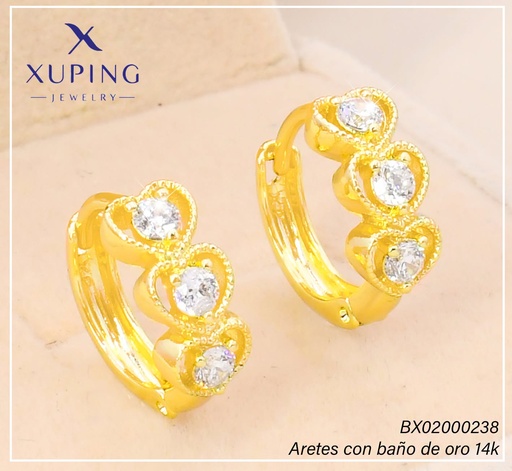[BX02000238] ARETES HUGGIES BAÑO DE ORO 14K. XUPING "C" ZIRC. CORAZON EE5425-428 012026