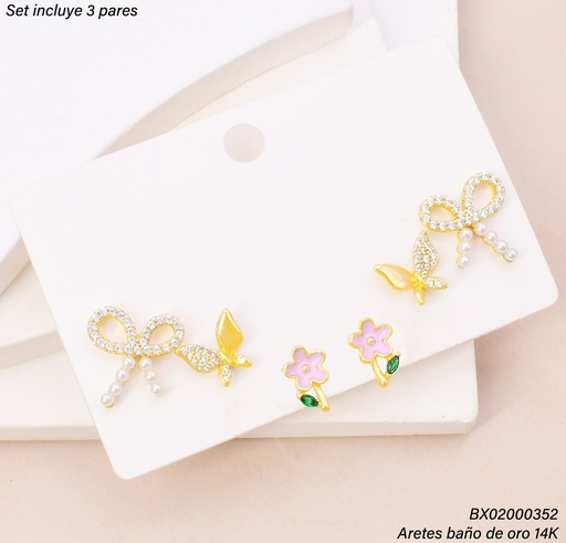 [BX02000352] PAQ. 3 PARES ARETES BAÑO DE ORO 14K. XUPING LAZO/ZIRC. SE1527-427 012026