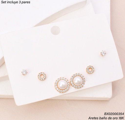 [BX02000354] PAQ. 3 PARES ARETES BAÑO DE ORO 18K. XUPING PERLA/ZIRC. SE1530-427 012026
