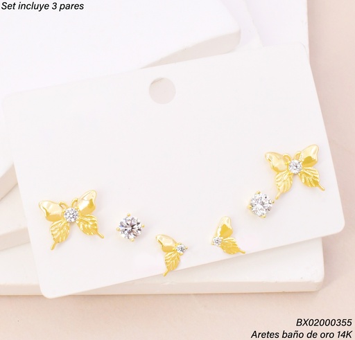 [BX02000355] PAQ. 3 PARES ARETES BAÑO DE ORO 14K. XUPING MARIPOSA/ZIRC. SE1531-427 012026
