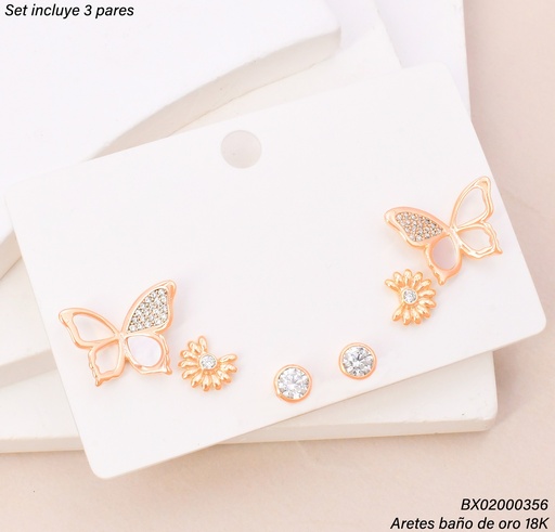[BX02000356] PAQ. 3 PARES ARETES BAÑO DE ORO 18K. XUPING MARIPOSA SE1533-427 012026