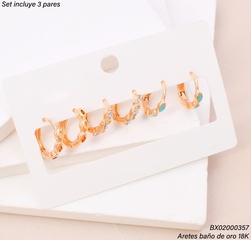 [BX02000357] PAQ. 3 PARES ARETES BAÑO DE ORO 18K. XUPING "C" ZIRC. SE1534-427 012026