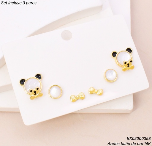 [BX02000358] PAQ. 3 PARES ARETES BAÑO DE ORO 14K. XUPING OSO PERLA SE1535-427 012026