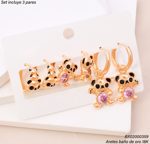 [BX02000359] PAQ. 3 PARES ARETES BAÑO DE ORO 18K. XUPING "C" OSO SE1536-427 012026